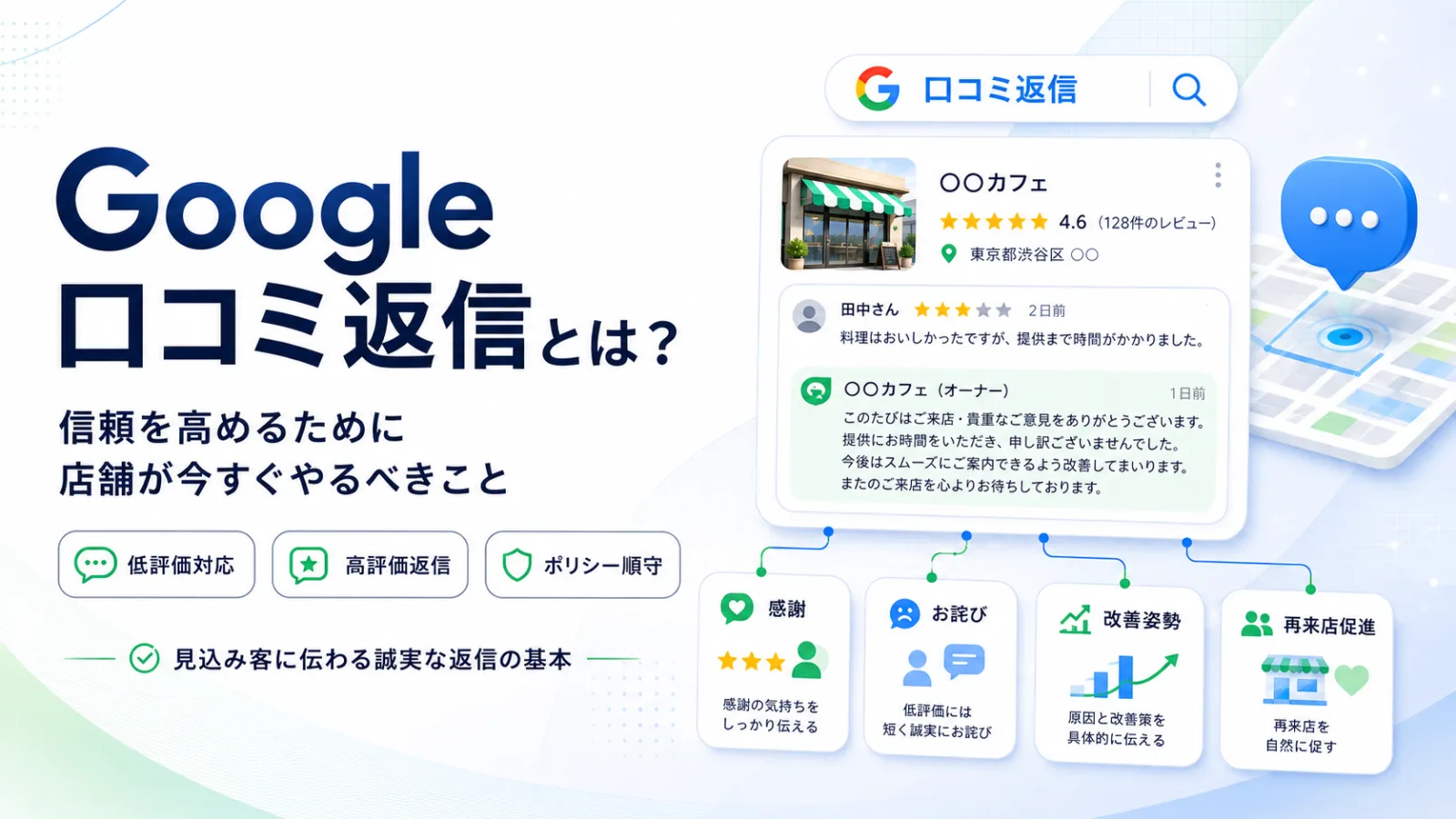 Googleの口コミ返信の書き方｜低評価・高評価別テンプレート例文とNG例